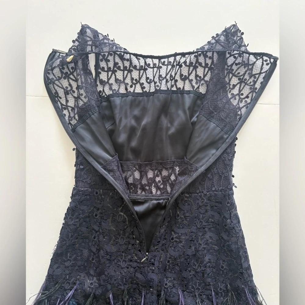 Elie Tahari Annabelle Feather-Trimmed Embellished Gauze Dress Navy Blue 0 - Picture 8 of 9